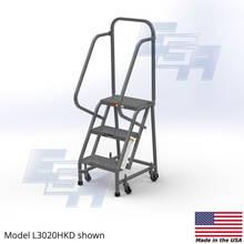 Load image into Gallery viewer, Industrial Rolling Ladder - 3 Step 16&quot;W Perforated Tread Knocked Down Handrails (Square Tube) - L3020HKD
